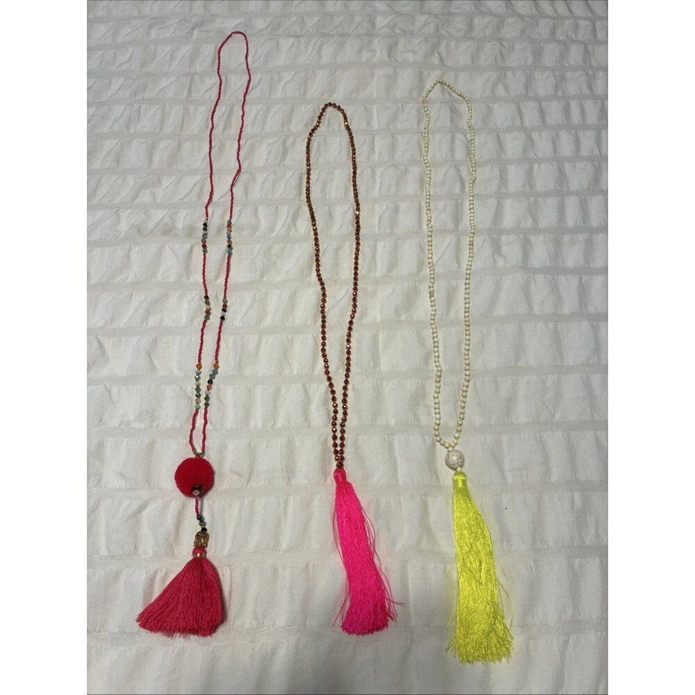 Buddhist Prayer Fashion Modern Bead Necklace Lot 3 Pink Yellow White Sparkly